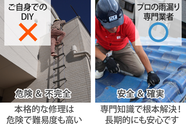 ご自身でのDIYは危険で難易度も高いため、プロの雨漏り専門業者への依頼で根本解決！長期的にも安心です