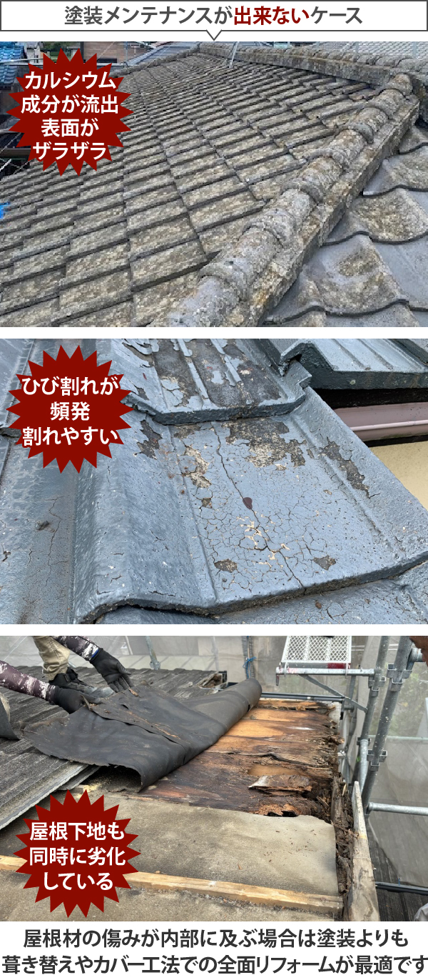 カルシウム成分が流出して表面がザラザラ、ひび割れが頻発して割れやすい、屋根下地も同時に劣化している、など屋根材の傷みが内部に及ぶ場合は葺き替えやカバー工法での全面リフォームが最適です