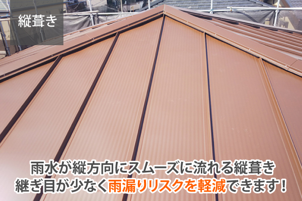 雨水が縦方向にスムーズに流れる縦葺き継ぎ目が少なく雨漏りリスクを軽減できます！