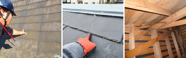 屋根材に傷みやひびが見られるが内部の木材などには劣化や腐食が見られない様子