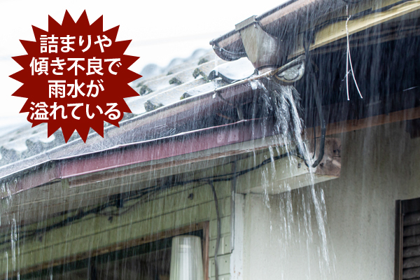 詰まりや傾き不良で雨水が溢れている