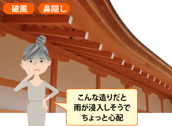 破風、鼻隠しがこんな造りだと雨が浸入しそうでちょっと心配
